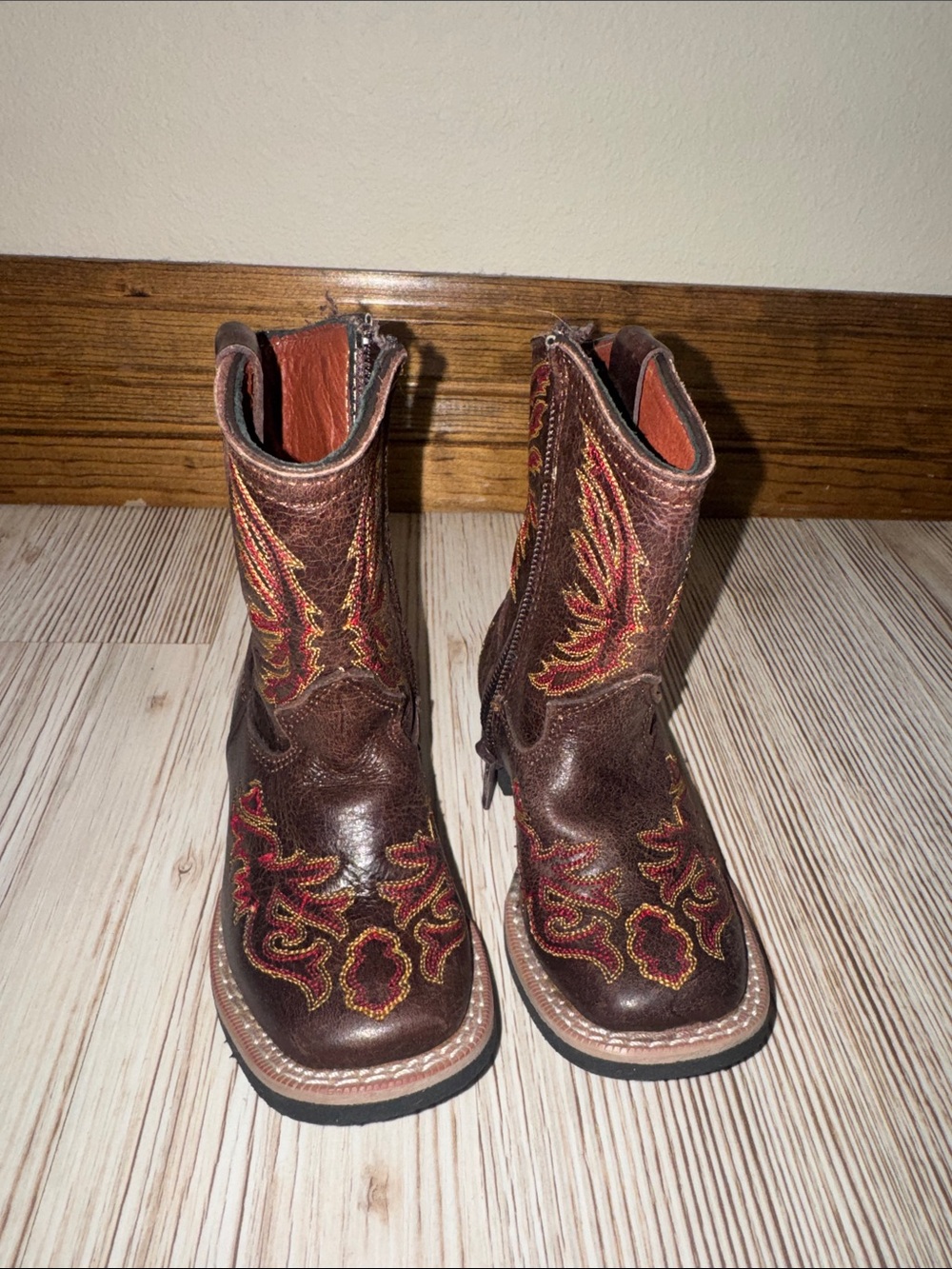 Kids Brown Western Embroidered Cowboy Boots with Red Accent